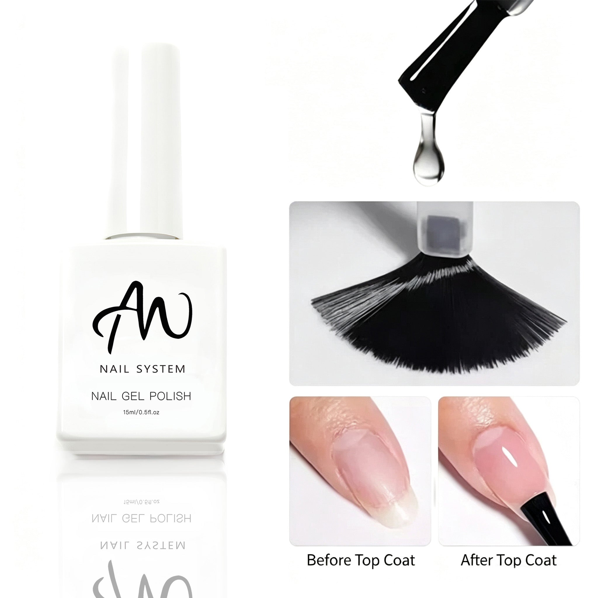 AMO Nail No Wipe Gel Top Coat, Super Gloss Crystal Shine, Non Yellowing Chip Resistant Soak Off UV LED Gel Finish for Salon & Home DIY Manicure 15ml